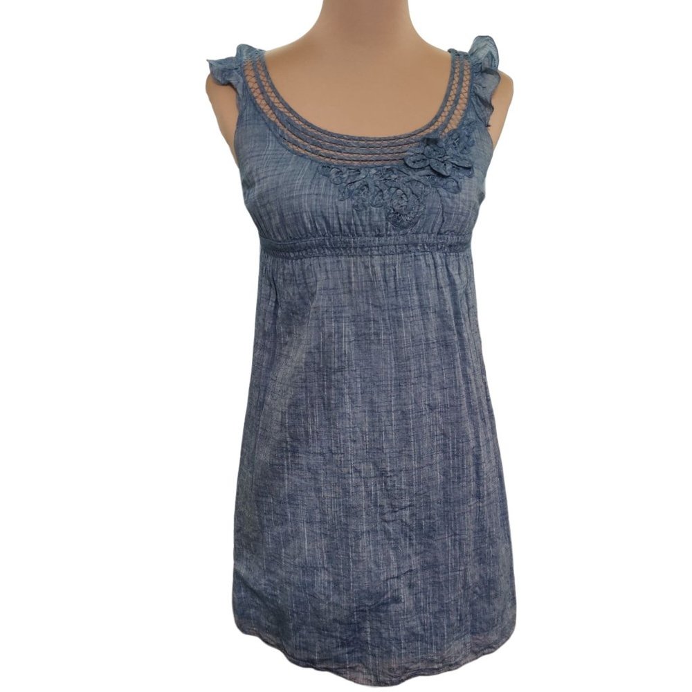 Studio M Women's Dress Mini Cotton A Line Lace Floral Denim Style Blue sz XS